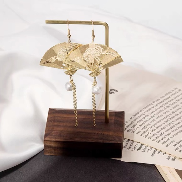 Golden Fan Earrings Antique Asian Art Tassels - Picture 6 of 14